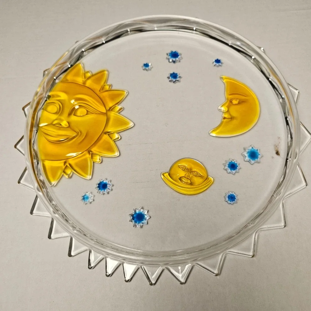 1990s Celestial Sun Moon Stars Glass Serving Platter Round‎ Amber Blue 12.5 Inch